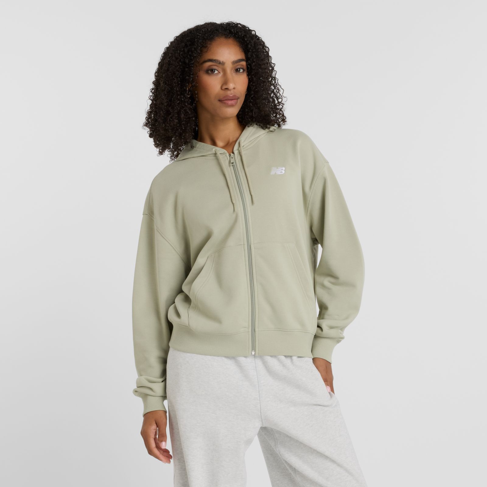 New Balance Campera French Terry Full Zip Hoodie WJA41501, Olivine, swatch