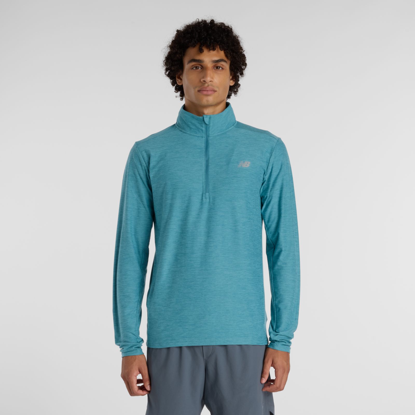 New Balance Buzo Space Dye 1/4 Zip MT41915, Big Teal Heather/Slate Grey, swatch